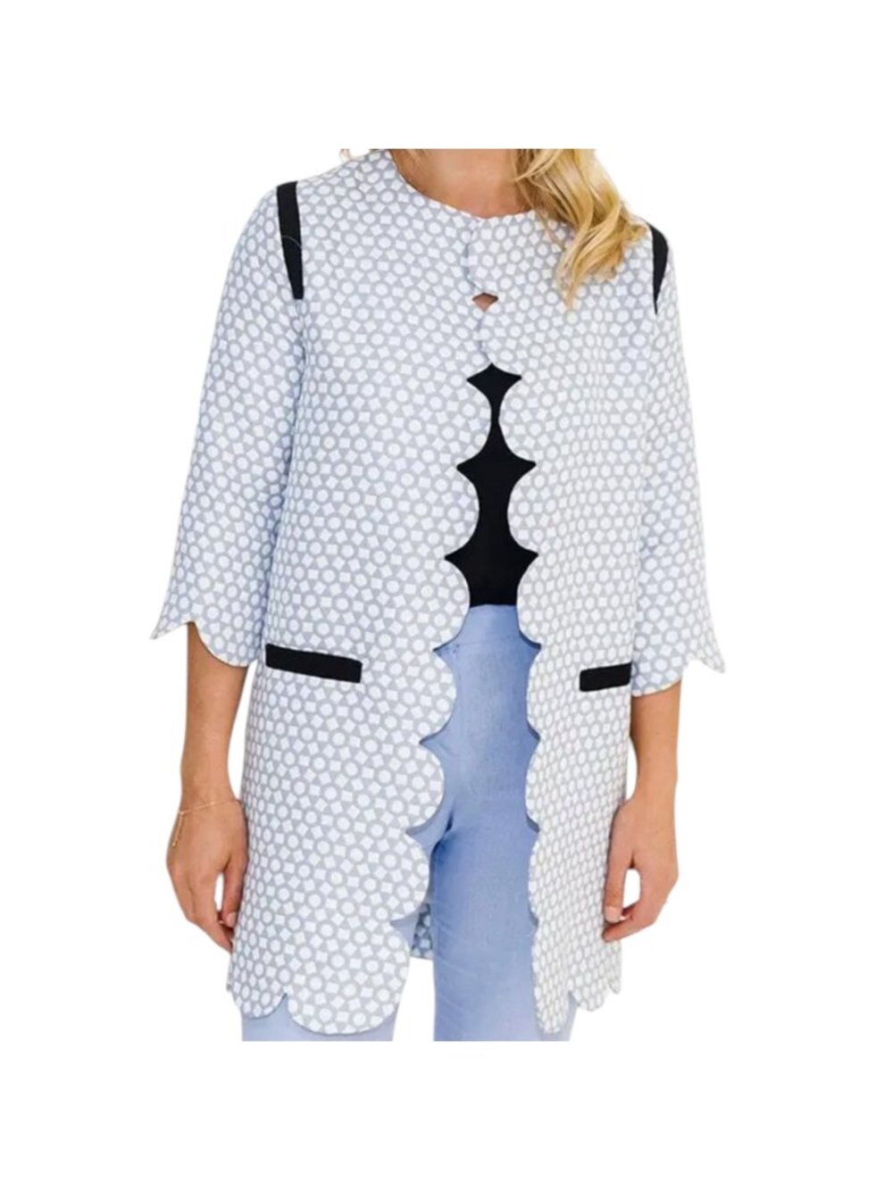 English Factory Women's Scalloped Hem Blue & White Geometric Jacket Size M - Picture 7 of 10